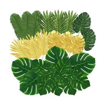  100 бр. изкуствени палмови листа, тропически листа, златни листа и зелени изкуствени листа за украса на масата на хавайски парти