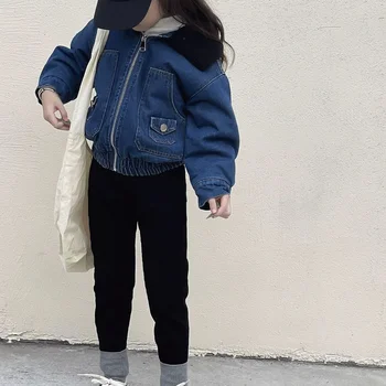  2023 Зима Нова детски дрехи за момичета Кратко стеганое джинсовое палто Бебешко яке Палто