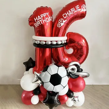  34шт. Футболна топка, балони, украса за парти по случай рожден Ден, Детски момче, 32-инчов топка с червен номер, Футболен спортен интериор