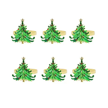  6шт зелените пръстени за салфетки Коледна елха, златни пръстени с червени и бели диаманти за коледната маса за хранене