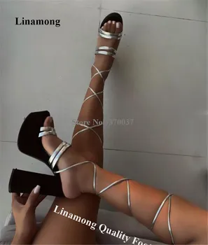  Linamong черни велурени лоскутные сребърни въжета петата сандали секси отворени пръсти сандали на висока платформа блок ток обувки 