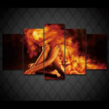 Абстрактна момиче Огненият Лисица 5 бр. Печат върху платно, с монтиран на стената художествен плакат Декорация на дома, HD Печат Без рамка Интериор на стаята Снимки на домашен интериор