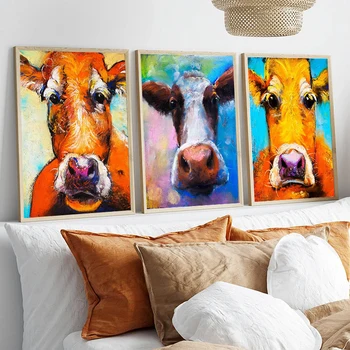  Абстрактна цветна картина върху платно с глава на крава на стената, художествени плакати и щампи, модерни изображения на животни за домашен интериор на детска стая