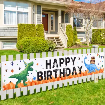  Акварел банер с динозавром честит рожден Ден, улични украса за момичета, детски аксесоари за рожден Ден на животни, Голям знак в двора на оградата