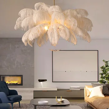  Висящи осветителни тела от страусиных пера в скандинавски стил, с модерен декор, окачена лампа перо диаметър в спалнята, хола, вътрешна светлина
