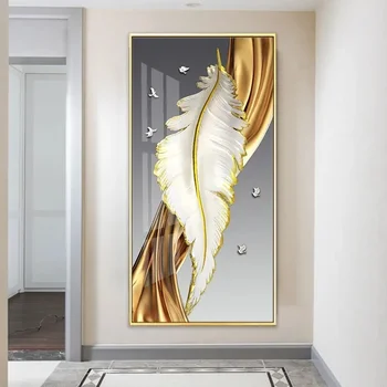  Гореща Скандинавски Лукс Абстрактно стенно изкуство Златисто-бели пера Картина върху платно, Постери със златна панделка за украса на дома на верандата в коридора