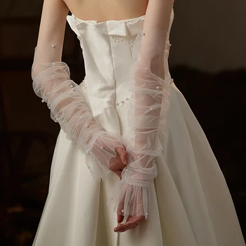  Дамски бели мрежести, прозрачни сатен дантела и перла ръкавици за сватбена рокля за младоженци Летните слънчеви ръкавици за шофиране на открито S262