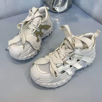  Дамски Маратонки на масивна ток За почивка, Дамски Обувки на платформа С шнур, Однотонная Вулканизированная обувки С Дишаща Мрежа, по-Големи Размери