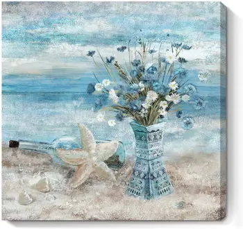 Декоративно стенно изкуство за баня, модел е със син плаж, цветна тема на океана, платно, печат, модерен морски пейзаж, цветен плакат