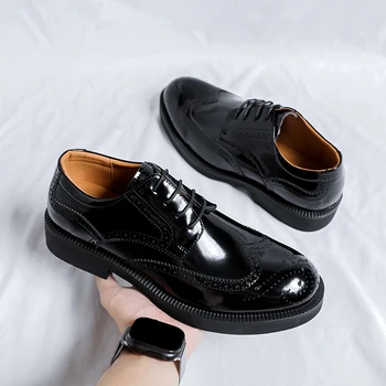  Дизайнерска марка мъжки обувки от лъскава кожа, гъвкави обувки за дебела подметка, минималистичная мъжки бизнес обувки, вечерни модела обувки