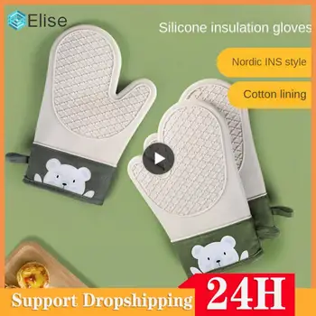  Една ръкавица, ръкавици за защита от изгаряния, Устойчива топлоизолация, Дебел силикон и памучен плат, двуслойни ръкавици за микровълнова фурна