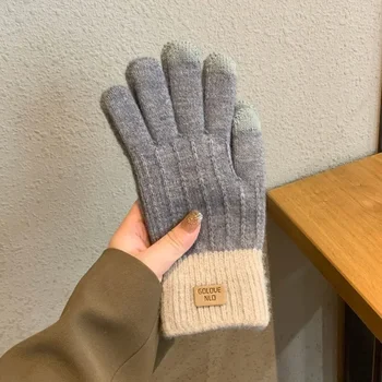  Есенно-зимни топли плетени калъф за ръкавици с пълни пръсти, обикновена вълнени ръкавици без пръсти със сензорен екран, плюшен удебелена мека велосипедна ръкавица за шофиране