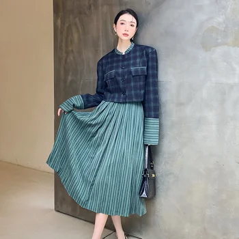  Жена яке с дълъг ръкав в новия китайски стил, Уникален ефектен дизайн, женски яке с решетка на пола, костюм в пода, ретро комплект от две части