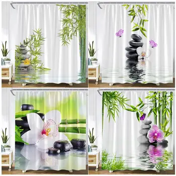  Завеси за душ от зелен бамбук в Дзен стил, Лилава Орхидея, Цветя, пеперуди, растения, Черен камък, Спа, Природа, Природа, кърпа за баня декор