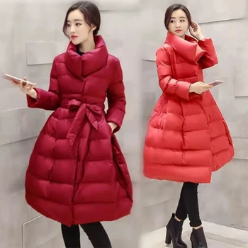  Зимно яке 2023 година, ново памучни палта, дамски паркове със средна дължина, в Корейски стил, изискан червено пушистое топло палто с памучна подплата, дамски връхни дрехи, топ