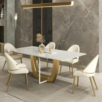  Златната маса за хранене Метална основа от Неръждаема стомана Модерен хотел Дългата Мраморна маса за хранене Прост набор от мебели за дома De Mesa Marmore
