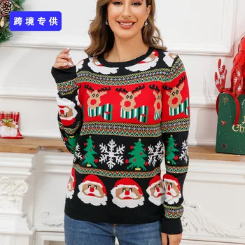  Коледен пуловер Sandro Rivers, жаккардовый пуловер с кръгло деколте, женски зимен свободен жена пуловер с дълъг ръкав