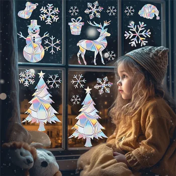  Коледни Стикери Прозорец Във Формата На Снежинки, Дядо Коледа, Коледно Дърво, Лазерно Дъгова Стикер Весела Коледа Детска Стая Стикер На Стената За Дома