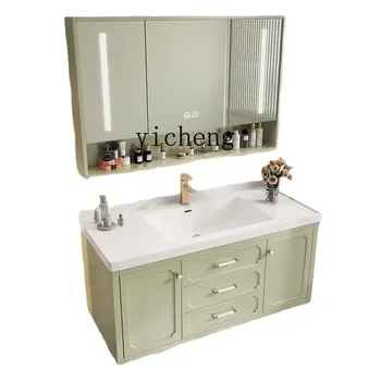  Комбиниран шкаф за баня XL Smart от масивно дърво, мивка за измиване на ръцете, Огледален шкаф за баня, Керамични едно парче мивка