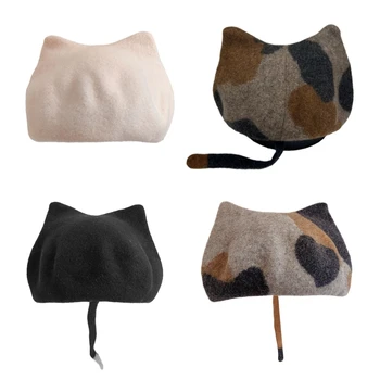  Креативната женска френска шапка с кошачьими уши за зимата-есен, за къмпинг и за пазаруване