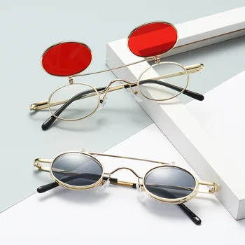  Кръгли очила в стил Steampunk, Vintage Слънчеви Очила с панти капак, Мъжки Слънчеви Очила Унисекс, Пънк стил, Луксозни Маркови Дизайнерски Метални Нюанси