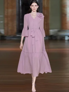  Лятното модно дизайнерско лилава винтажное женствена рокля с V-образно деколте, аппликацией под формата на юздите, накъдрен копчета, сращенное тънка дълга рокля 2023 г.