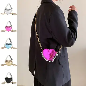  Мини чанта с перли под формата на любов 2023, модерна чанта за червило на змийска кожа верига, женствена чанта през рамо ярък цвят карамел