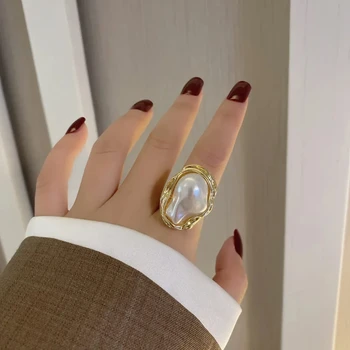  Модерен пръстен с перли, с неправилна геометрична форма в бароков стил за жени, Реколта Отворени Регулируеми пръстени върху показалеца си, вечерни украса