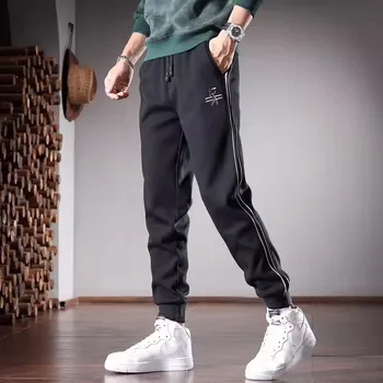  Модни Черни спортни панталони на райета отстрани Мъжки есенни всекидневни спортни панталони-молив Slim Fit Зимни панталони за джогинг с еластична шнурком