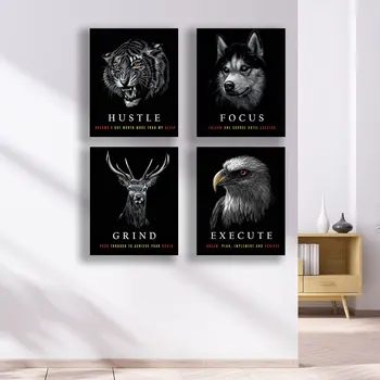  Мотивиране на плакати и щампи с животни, Hustle & Focus, Grind & Execute, стенни живопис върху платно, за да украсят дома в хола