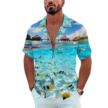  Мъжка риза с принтом морски обитатели, тениски в стила на почивка на плажа, хавайска риза с модерен ревера, однобортные блузи с къс ръкав за почивка
