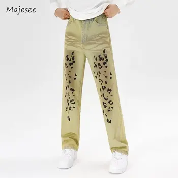  Мъжки дънки с Висока улична мода, Тънки и да е директни, Пролет-есен, леопардовые мастила за тийнейджъри, Американски стил, Ретро унисекс, Хип-хоп