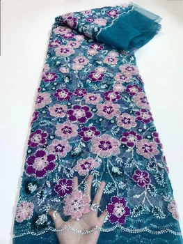 Нигерийски Френски Тюл Лейси плат Бродерии Африканска лейси плат, ръчно изработени beaded Висококачествен Текстилен материал Луксозни пайети 5 yWp63-2