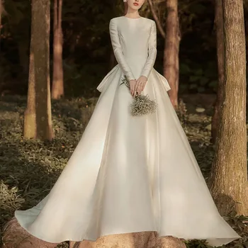  Нова луксозна сватбена рокля с кръгло деколте и дълъг ръкав, рафинирани, сатен, панделка, Vestido De Noiva, винтажное женствена рокля на булката с дължина до пода