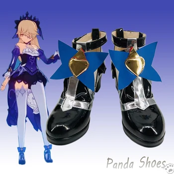  Обувки за cosplay Genshinimpact Фишл Аниме Игра, защото черни кожени обувки Фишл Cosplay костюм, Реквизит Обувки за парти в чест на Хелоуин