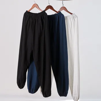  Панталони Кунг-фу на китайски стил, свободни от памук и лен голям размер, от лен в китайски стил, тясна талия