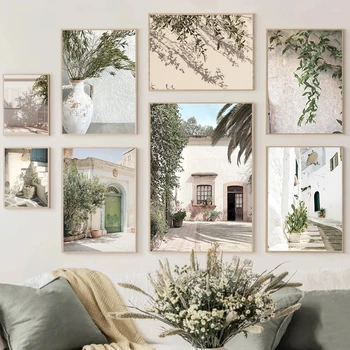  Плакат и щампи на испанската архитектура Artislia Village, Зелени листа, Рисувани от стайни растения, Интериор в стил бохо, Домашен декор