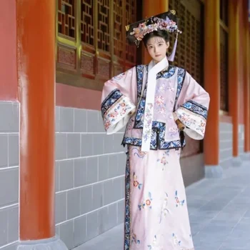  Рокля принцеса на Династия Цин Дамски Сладка Розова Антични дрехи с флорални принтом Телевизионна Драма Cosplay Костюми Китайски костюм от епохата на Тан Vestidos