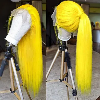  Страхотен Жълт цвят Синтетични Перуки на дантели За жени Директен Бесклеевой перука Cosplay Топлоустойчива Влакнести Косми, за жени Перука