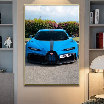  Съвременно изкуство суперавтомобили Bugattis Chiron, изглед отпред, плакати със сини коли и щампи върху платното за домашен интериор на стените в хола