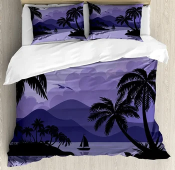  Тропически комплект спално бельо за спалня, къщи, Пейзаж Карибския остров през нощта, Пълнолуние, чаршаф, Чаршаф, Калъфка за възглавница