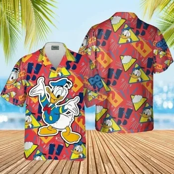  Хавайски ризи с Доналд Даком, Мъжки Блузи с къс ръкав, Хавайска риза Disney, Ежедневни Плажната Реколта риза с къс ръкав копчета