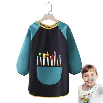  Халат за рисуване на Детски cartoony роба с дълъг ръкав и просторен джоб, халат за баня за деца в предучилищна възраст с цветен блок за рисуване