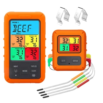  Цифров термометър за месо, барбекю за фурна Thermomet С таймер, 4 датчици, алармени температура, кухненски термометър, лесен за инсталиране