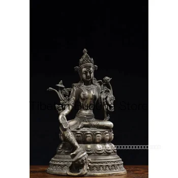  Чиста мед зелена тара, антични бронзови съдове с дължина 21 см и сребърна позлатена статуя на тибетски Буда, декорация на плота, занаятчийско украса