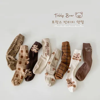  Чорапи дълги до Прасците, 4 Чифта Есенни Памучни Чорапи За Момчета И Момичета, Детски Топли Ученически Чорапи Със Сладък Мечок